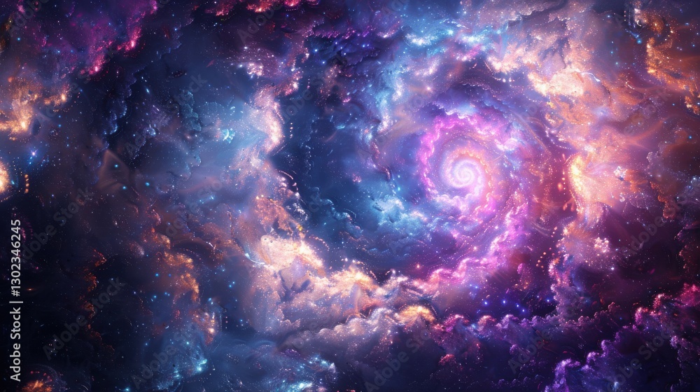 Poster cosmic swirl of colors in deep space with vibrant hues and stellar features representing the univers