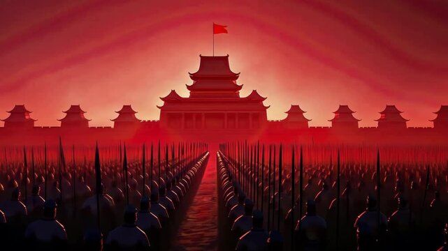 Grand Palace Stands Majestically at Sunset Surrounded by Soldiers in Armor Creating Dramatic and Powerful Scene with Vibrant Red Sky Enhancing Imposing Atmosphere of Setting