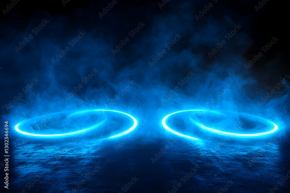 Poster captivating neon rings in atmospheric mist, a mesmerizing display of futuristic light and shadow, cr
