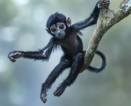 Captivating portrait of a playful young monkey clinging to a branch, showcasing its adorable features and curious nature in a natural jungle setting