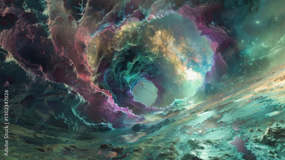 Poster captivating cosmic swirl of colorful nebula and stellar elements in a dreamlike universe