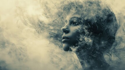 Ethereal Portrait of a Young Woman in a Dreamlike State Surrounded by Wisps of Smoke and Mystical Atmosphere