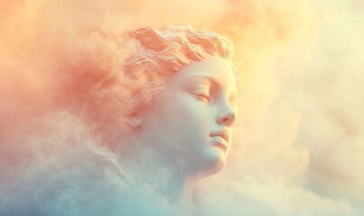 Abstract background with pastel colors, blurry clouds, and an angelic face in the middle, in a dreamy and romantic style, with blurred edges