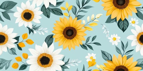 A vibrant floral pattern featuring sunflowers and daisies against a light blue background, showcasing a lively and cheerful design.