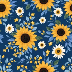 A vibrant floral pattern featuring sunflowers, daisies, and delicate leaves on a deep blue background, creating a cheerful and lively aesthetic.