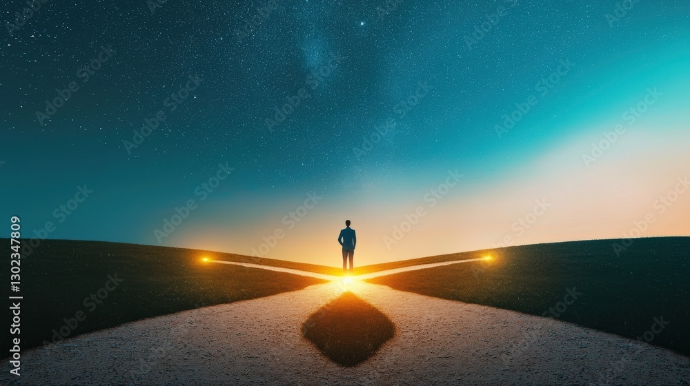 Poster a person standing at a crossroads with multiple glowing paths symbolizing decision-making, critical 
