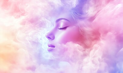 Abstract background with pastel colors, blurry clouds, and an angelic face in the middle, in a dreamy and romantic style, with blurred edges