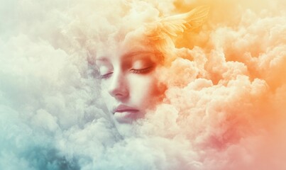 Abstract background with pastel colors, blurry clouds, and an angelic face in the middle, in a dreamy and romantic style, with blurred edges