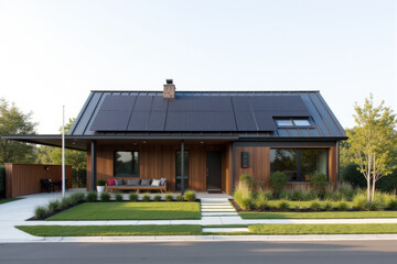 Naklejka premium A Modern Sustainable house with sleek solar panels integrated into a flat roof, framed by minimalist landscaping.