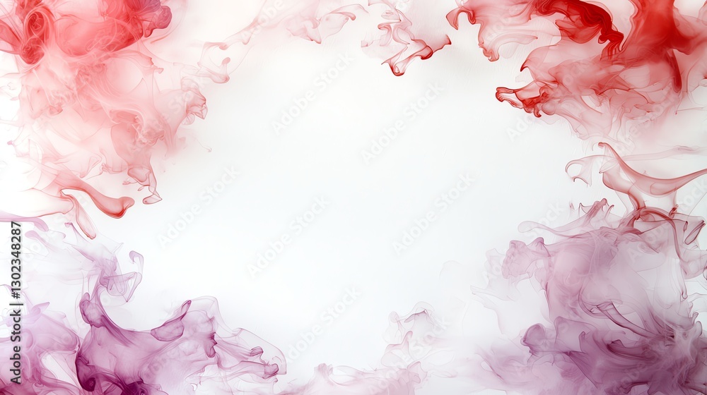 Poster vibrant red and purple ink swirling in water creating a dynamic abstract design on a white backgroun