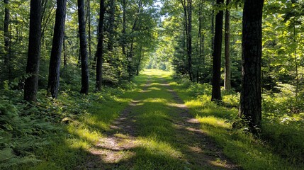 Obraz premium Sunlit path through lush green forest.