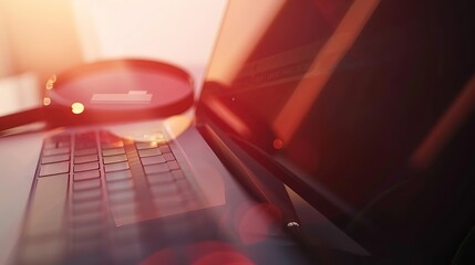 Close-up of laptop screen with search bar and magnifying glass icon, representing online privacy and data security concerns in digital age.