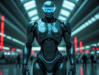Towering Cybernetic Security Robot with Blue Facial Recognition Visor Patrolling Dystopian Airport – 4K Ultra HD Surveillance Art