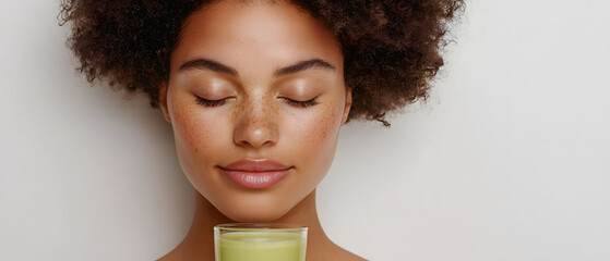 wellness focused woman with confident posture enjoys green smoothie, radiating health and tranquility. Her natural beauty is highlighted by her curly hair and serene expression
