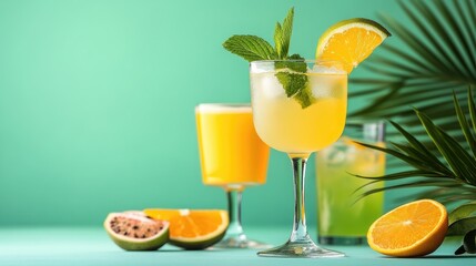 Fototapeta premium Refreshing Tropical Citrus Cocktails with Mint and Orange Garnish on Vibrant Background