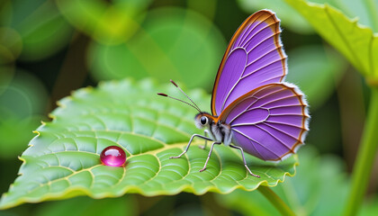 Purple butterfly resting on green leaf with red dewdrop, nature's beauty