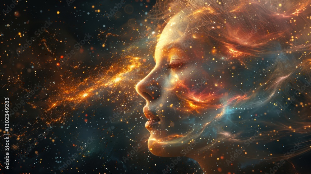 Poster ethereal representation of cosmic connection and inner states of being in a surrealistic portrait