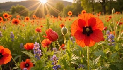 Fototapeta premium Vibrant poppies blooming in morning sunlight, nature's beauty