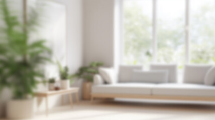 Blurred view of light living room with sofa and soft bench. AI Generated Images