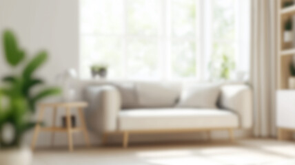 Blurred view of light living room with sofa and soft bench. AI Generated Images