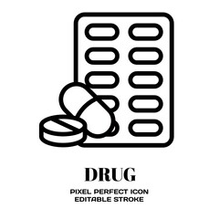 Drug symbol, featuring an editable stroke outline icon isolated on white background flat vector illustration. Pixel perfect