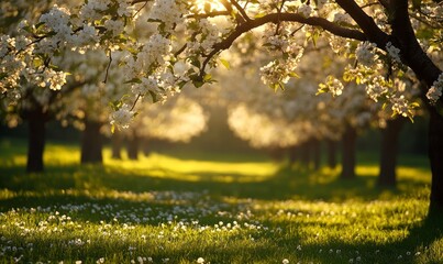 orchard in full bloom, with blossoming apple trees casting dappled shadows on the lush green grass beneath their branches
