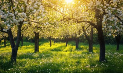 orchard in full bloom, with blossoming apple trees casting dappled shadows on the lush green grass beneath their branches