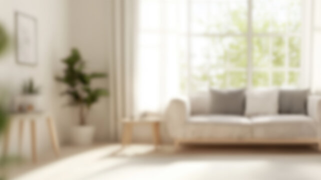 Blurred background of serene scandinavian living room featuring light wooden furniture, soft accents, and lush greenery, creating a cozy and inviting atmosphere. AI Generated Images
