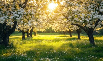 orchard in full bloom, with blossoming apple trees casting dappled shadows on the lush green grass beneath their branches