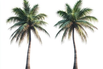 Two coconut palm trees isolated on white background. Tropical tree.