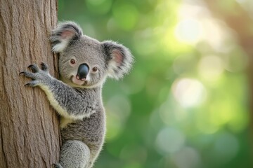 Obraz premium Adorable Koala Climbing a Tree with Blurred Green Background and Soft Lighting