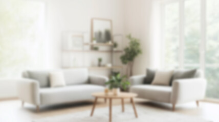 Blurred background of serene scandinavian living room featuring light wooden furniture, soft accents, and lush greenery, creating a cozy and inviting atmosphere. AI Generated Images