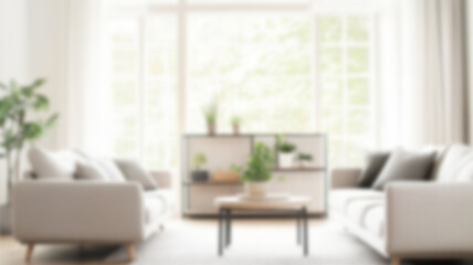 Blurred background of serene scandinavian living room featuring light wooden furniture, soft accents, and lush greenery, creating a cozy and inviting atmosphere. AI Generated Images