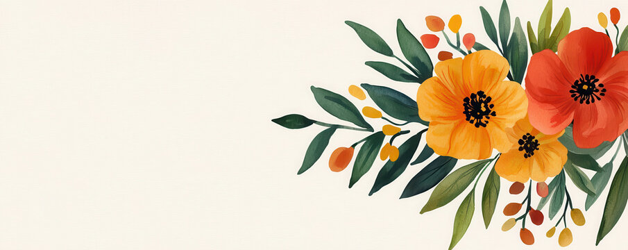Watercolor Orange and Red Flower Bouquet on Textured Background