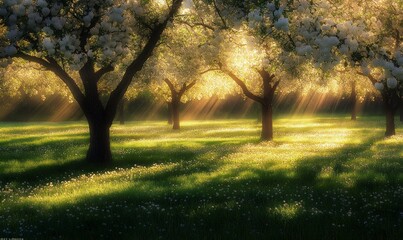 Fototapeta premium orchard in full bloom, with blossoming apple trees casting dappled shadows on the lush green grass beneath their branches