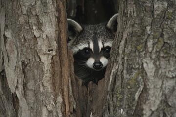 Adorable Raccoon Peeking Out From Tree Hollow Surrounded by Rustic Bark Texture