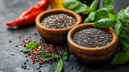 Chia seeds fill two small bowls, and basil leaves and a red pepper surround them