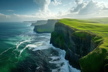 Majestic Cliffs of Moher in Ireland, towering over the Atlantic Ocean with lush green grass and dramatic waves