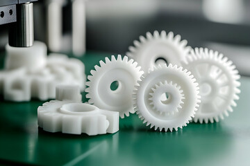 Close-up of 3D-printed gears showcasing intricate designs and precision manufacturing, highlighting technological advancement and innovation in mechanical engineering