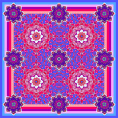 A beautiful pattern for a scarf, carpet or pillow in ethnic style. Flowers, mandalas and a delightful lace ornament in lilac and crimson colors.