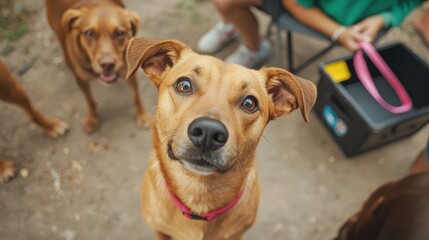 Playful medium-brown dog, sporting a pink collar, gazes sweetly into the lens with a charming smile, capturing hearts in this close-up view