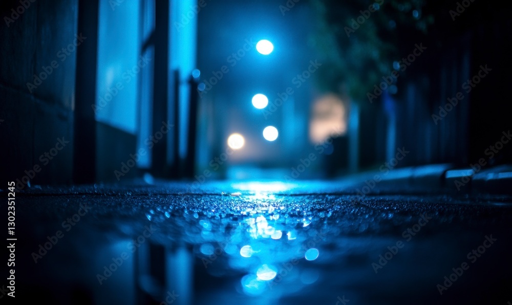 Poster blurry background of an empty street at night with blue lights, creating a mysterious and atmospheri