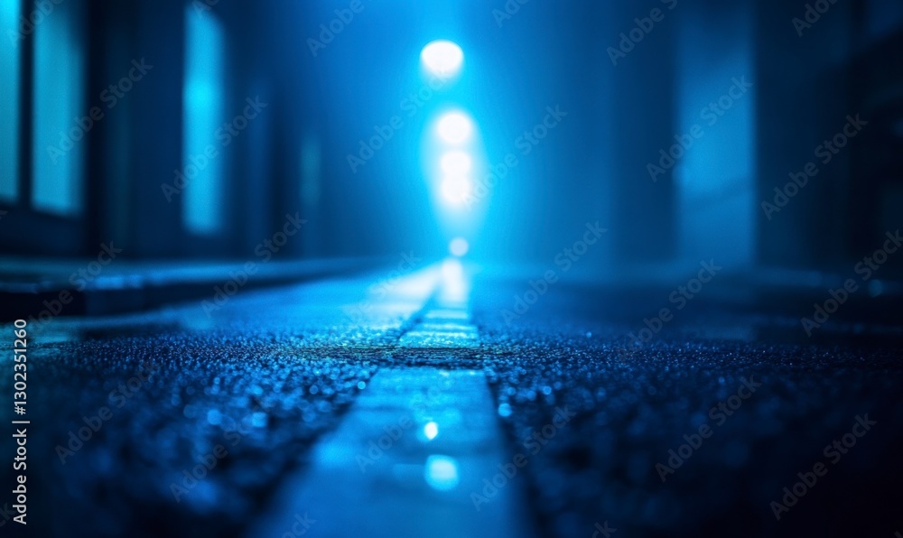 Poster blurry background of an empty street at night with blue lights, creating a mysterious and atmospheri