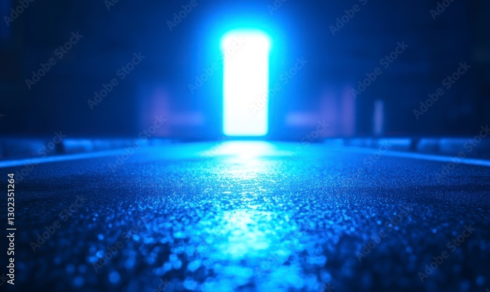 Poster blurry background of an empty street at night with blue lights, creating a mysterious and atmospheri