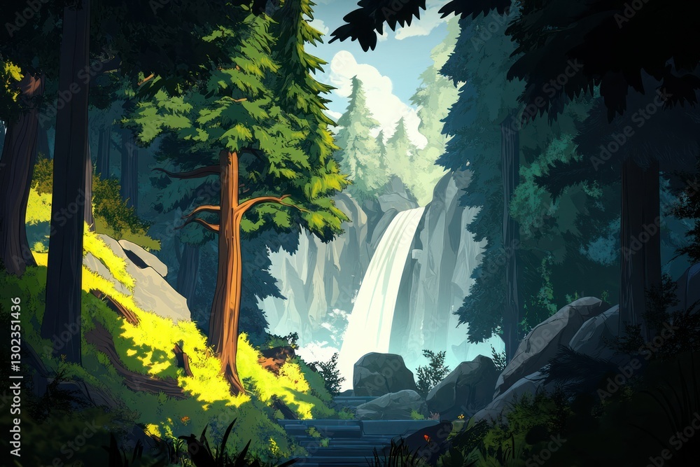 Poster a dynamic jungle setting for a video game, with coniferous trees and a dramatic waterfall in the dis