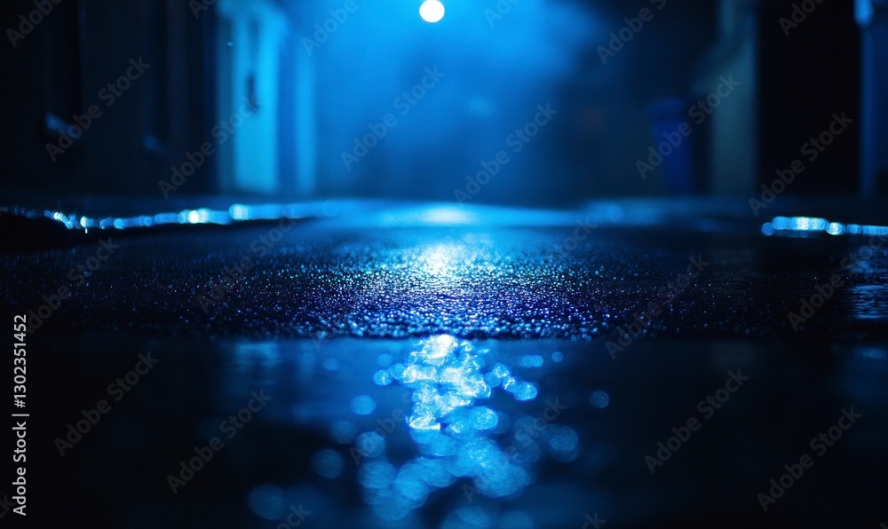 Poster blurry background of an empty street at night with blue lights, creating a mysterious and atmospheri