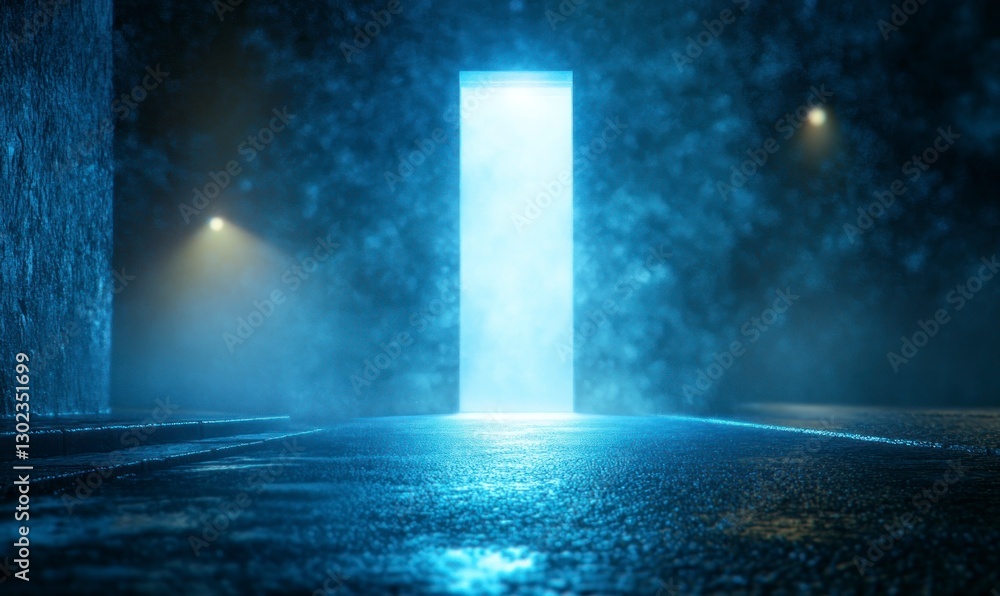 Poster blurry background of an empty street at night with blue lights, creating a mysterious and atmospheri