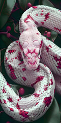 A white snake with red spots coiled on a leafy branch