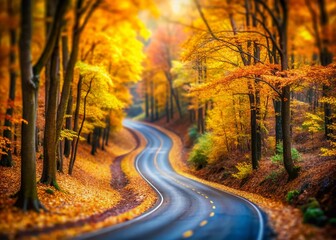 Autumn Forest Road: Golden Leaves, Winding Path, Tilt-Shift Miniature