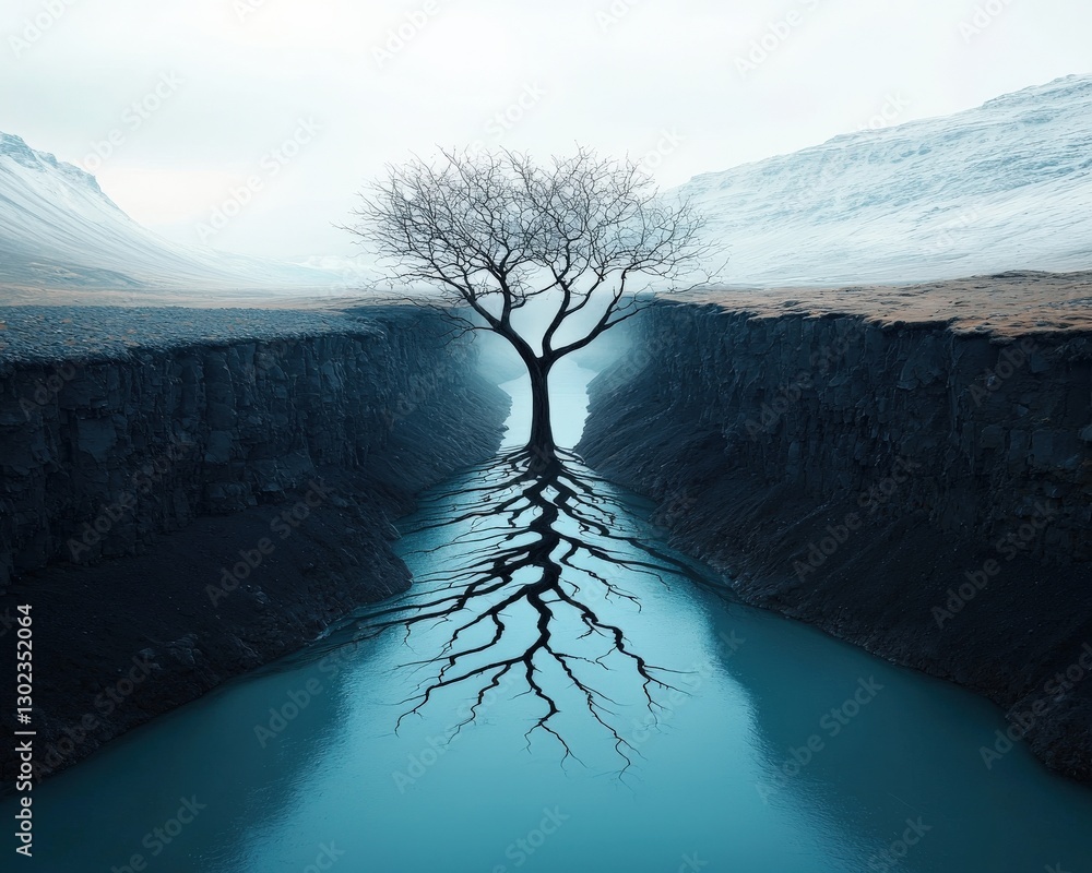 Poster a surreal depiction of a river branching into different streams, symbolizing decision-making, critic